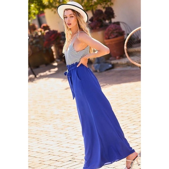 Striped Print Cami Sol Top Hi-waist Skirt Side Pocket Maxi Dress - Picture 5 of 9